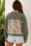 Sage Green Ribbed Retro Floral Patchwork Shirt Style Jacket