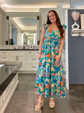 Green Floral Print Sleeveless Ruffle Tiered Maxi Dress
