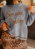 Light Grey See You Cowboy Embroidered Western Graphic Sweater