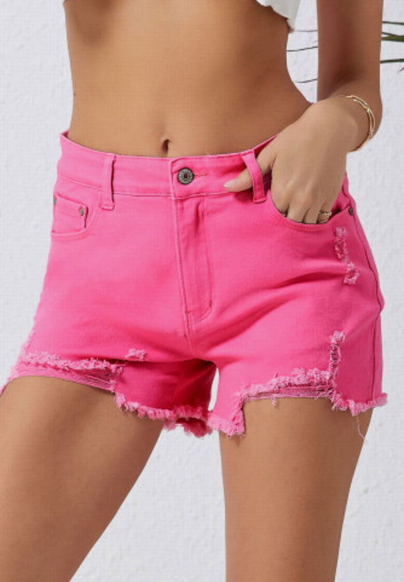 Pink Distressed High Waisted Shorts