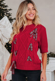 Fiery Red Plaid Lace up Detail Christmas Holiday Puff Short Sleeve Sweater