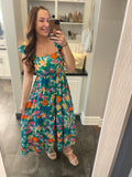 Green Floral Print Sleeveless Ruffle Tiered Maxi Dress