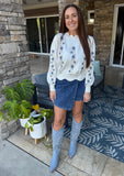 White Floral Embroidered Scallop Hem Cropped Sweater