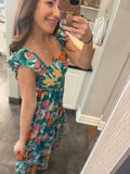 Green Floral Print Sleeveless Ruffle Tiered Maxi Dress