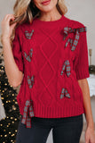 Fiery Red Plaid Lace up Detail Christmas Holiday Puff Short Sleeve Sweater
