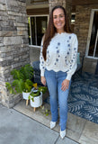 White Floral Embroidered Scallop Hem Cropped Sweater