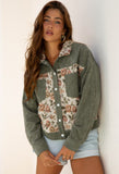 Sage Green Ribbed Retro Floral Patchwork Shirt Style Jacket