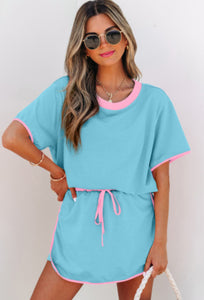 Sky Blue Pink Edge Drop Shoulder T Shirt and Skort Set