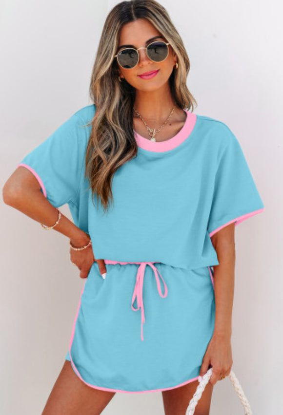 Sky Blue Pink Edge Drop Shoulder T Shirt and Skort Set