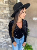 Black Velvet Beaded Long Sleeve V Neck Bodysuit