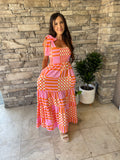 Pink Boho Gingham Tied Straps Smocked Maxi Dress