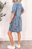Denim Floral Print Short Sleeve Button Down Dress