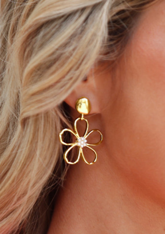 Gold Vintage Cut Out Flower Pearl Decor Stud Earrings