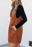 Cinnamon Solid Color Tie V Neck Sleeveless Corduroy Romper