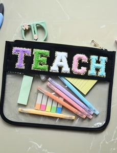 Black TEACH Glitter Chenille Clear Bag