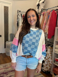 Sky Blue Oversized Checkered Denim Exposed Seam Patchwork Casual Sweatshirt