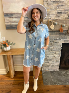 Sky Blue Stars Frayed Hem Collared Short Sleeve Denim Dress