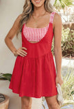 Red Faux Two Piece Gingham Contrast Patchwork Loose Mini Dress