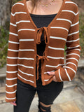Chestnut Tie Front Striped Knit V Neck Cardigan Sweater