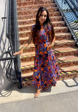 Dark Blue Boho Floral V Neck Ruffle Tiered Long Dress