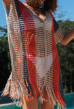 Multicolor Striped Tassel Crochet V Neck Beach Cover Up