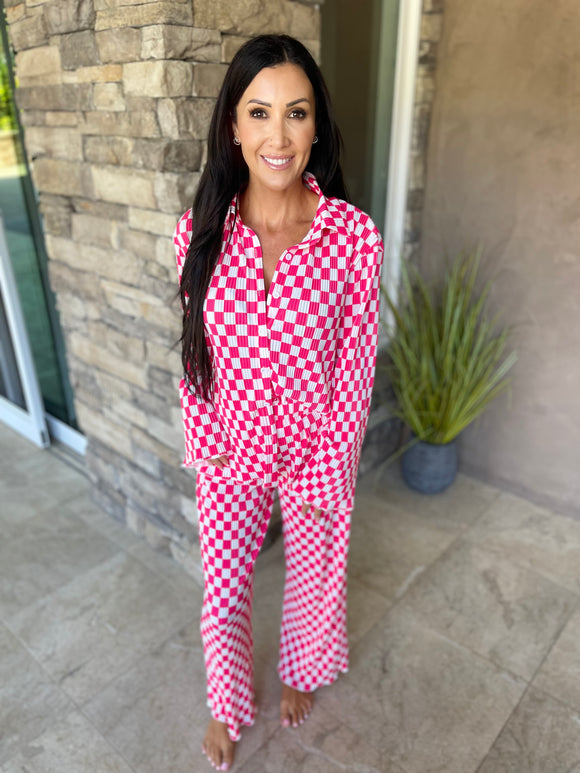 Pink Checkered Buttoned Shirt and High Waist Pants Pajama Set