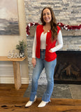 Fiery Red Solid Textured Knit Side Pockets Buttoned Sweater Vest