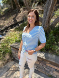 Sky Blue Stripe Short Sleeve Knit V Neck Bow Knot Sweater