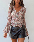 Red Floral Print Stitched Detail Tie V Neck Long Bell Sleeve Blouse