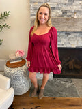 Burgundy Ruffled High Waist Square Neck Mini Dress