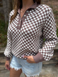 Brown Checkered Half Button Knit Sweater