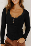 Lace Neckline Button Decor Lettuce Edge Long Sleeve Ribbed Top