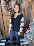 Black Plaid Sleeve Frayed Hem Hooded Denim Jacket