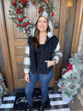 Black Plaid Sleeve Frayed Hem Hooded Denim Jacket