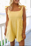 Yellow Stripe Shoulder Tie Smocked Back Wide Leg Casual Romper