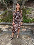 Black Floral Long Sleeve Asymmetric Ruffle Split Hem Mesh Dress