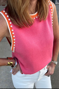 Bright Pink Contrast Trim Pearl Detail Sweater Tank Top