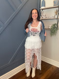 White Sheer Lace Frilly Ruffles High Low Long Skirt