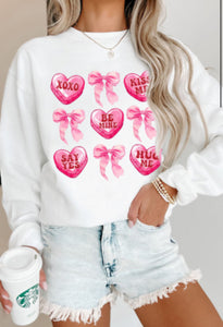 White Valentine Candy Heart & Bow Graphic Sweatshirt