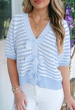Sky Blue Stripe Short Sleeve Knit V Neck Bow Knot Sweater