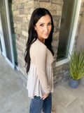 Taupe Textured Long Sleeve V Neck Babydoll Top