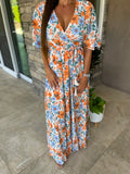 Sky Blue Floral Print Wrap Belted Maxi Dress