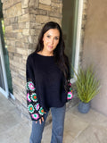 Black Floral Crochet Bell Sleeve Loose Sweater