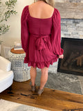 Burgundy Ruffled High Waist Square Neck Mini Dress