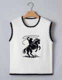 White Contrast Trim Round Neck Rodeo Cowboy Sweater Vest