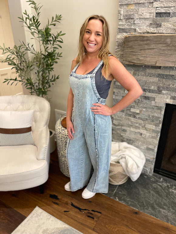 Light Wash Wide Legged Overalls