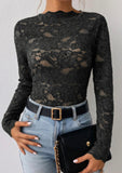 Black Elegant Stand Neck Lace Long Sleeve Top