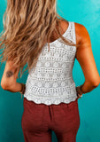 White Hollowed Knit V Neck Drawstring Tank