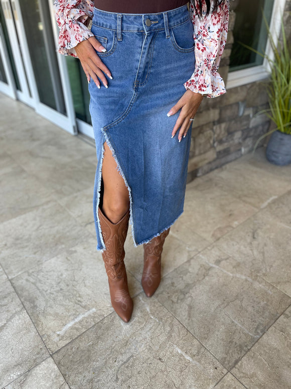 Light Blue Frayed Slit Asymmetric Denim Midi Skirt