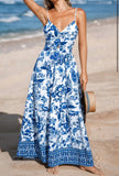 Sky Blue Twisted Bust Spaghetti Straps Backless Floral Maxi Dress